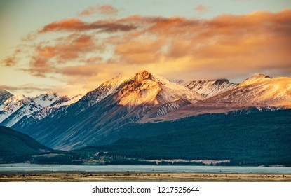 Snowcapped Mt. Cook Peak During Sunset In Mt. Cook National Park, Magnificent Rugged Mountain With Snow And Ice, South Island, New Zealand