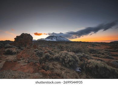 Snow-Capped Teide Volcano at Sunset with Dramatic Clouds, Tenerife, Canary Islands
