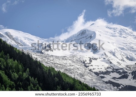 A snow-covered alpine mountain summit with pine trees in the foreground. Two paragliders are descending in front of the mountain. It is the Mont Blanc range seen from Chamonix, France