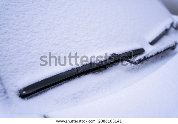 Snow-covered car windshield, wiper blade in fluffy\
First snow