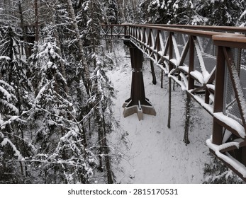 A snow-covered elevated walkway winds through a forest in winter.