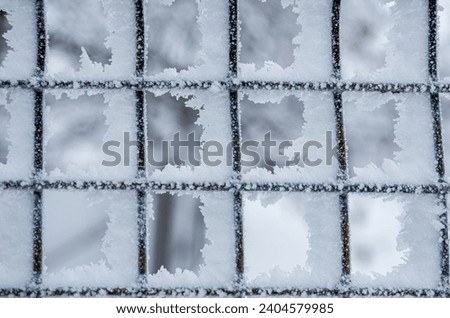 snow-covered fence in winter, fallen snow, frost and precipitation, freezing rain, close-up