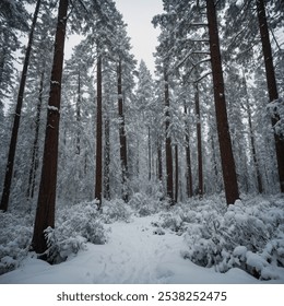 Snow-covered forest in winter, with tall trees draped in fresh snow, creating a quiet, peaceful atmosphere. - Powered by Shutterstock