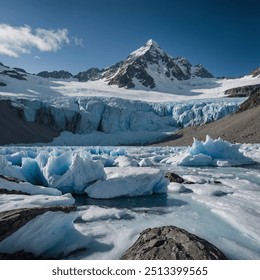 Snow-covered peaks are towering mountains blanketed in pure white snow, their rugged slopes softened by the icy mantle. These peaks glisten under the sun, creating a dazzling contrast against the clea - Powered by Shutterstock