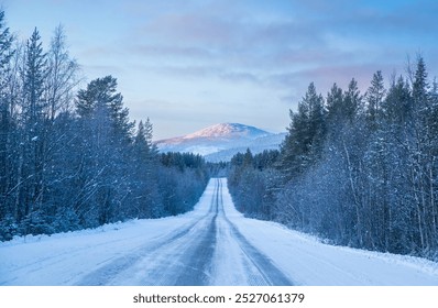 A snow-covered road stretches through a tranquil winter landscape, framed by trees and leading towards distant mountains under soft morning light. Snow-covered road leading to distant mountains - Powered by Shutterstock