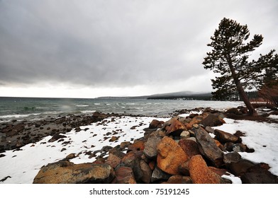 Snow-Covered Shore In Lake Tahoe City, CA