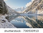Snow-covered winter mountain lake, Russia, Siberia, Altai mountains, Chuya ridge.