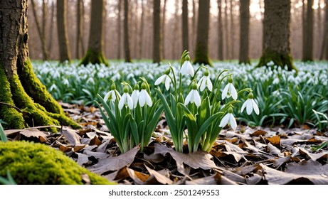 snowdrop three flowers against the background of trees - Powered by Shutterstock