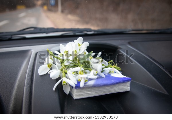 Snowdrops bouquet on a car\
cockpit