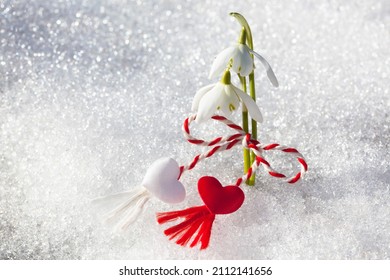Snowdrops flowers with a red-white  martenitsa on a snow background, card for the holiday Martisor and Baba Marta, march 1