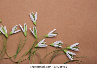 Snowdrops Make In Quilling Art Isolated On Brown Background