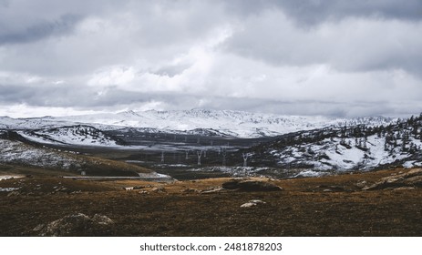 Snow-dusted mountains under a dramatic cloudy sky, sparse vegetation, power lines stretching across the landscape, and patches of rocky terrain. - Powered by Shutterstock