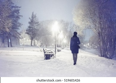 Snowfall in the city park. Woman walking down by alley. Night winter landscape with falling snowflakes. Winter snowfall scene. Severe weather in the winter park with trees, benches covered by snow.  - Powered by Shutterstock