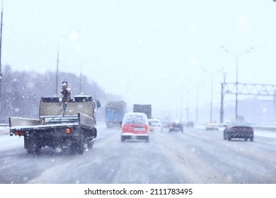 Snowfall In City Traffic Jam In Winter, Background Seasonal Snow Highway Road