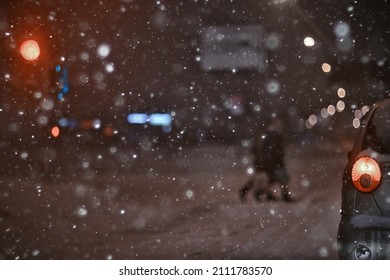 Snowfall In City Traffic Jam In Winter, Background Seasonal Snow Highway Road