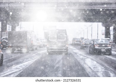 Snowfall In City Traffic Jam In Winter, Background Seasonal Snow Highway Road