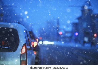 Snowfall In City Traffic Jam In Winter, Background Seasonal Snow Highway Road