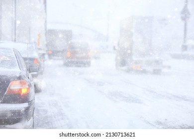 Snowfall In City Traffic Jam In Winter, Background Seasonal Snow Highway Road