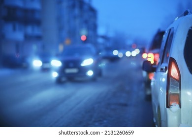 Snowfall In City Traffic Jam In Winter, Background Seasonal Snow Highway Road