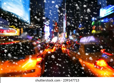 Snowfall. Illumination And Night Lights Of New York City. Intentional Motion Blur