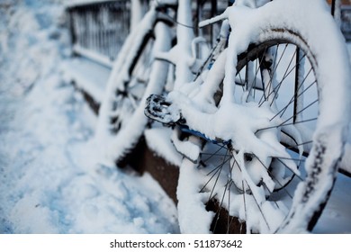 Snowfall.  Snowstorm Blizzard Weather Warning. Snow Forecast. Snow In The City. Bicycle Covered With Snow. Winter Traffic Backup Accident