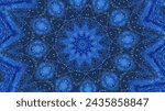 Snowflake mandala. Glowing kaleidoscope. Defocused blue color shimmering glitter bokeh light texture paint symmetrical star shape design abstract art background.