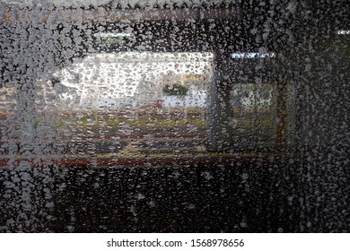 Snowflake on the Train Window in the Winter Time Background.