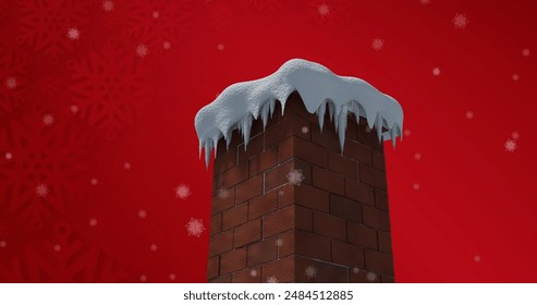 Snowflakes falling over snow covered brick wall chimney against snowflakes on red background. christmas festivity and celebration concept - Powered by Shutterstock