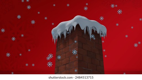 Snowflakes falling over snow covered brick wall chimney against snowflakes on red background. christmas festivity and celebration concept - Powered by Shutterstock