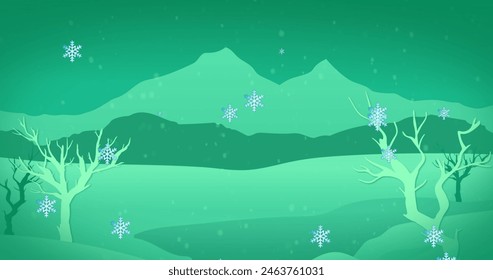 Snowflakes gently falling over serene winter landscape. Bare trees and layered hills create a peaceful green and white scene - Powered by Shutterstock