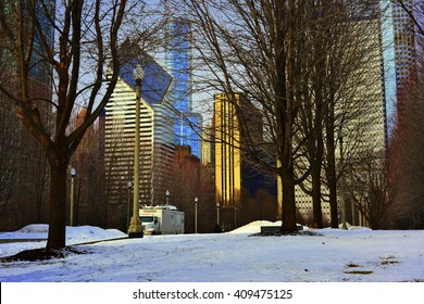 Snowing In Chicago City Street.