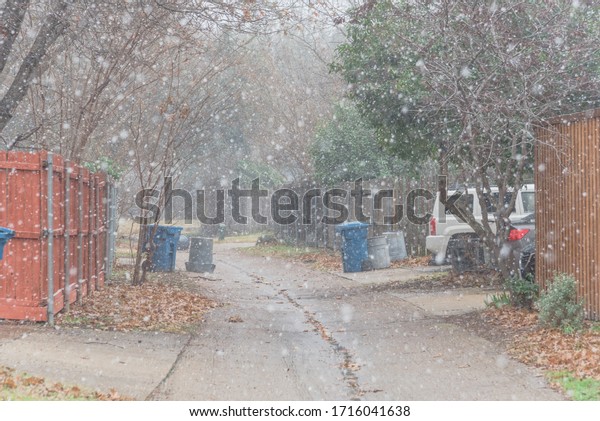 Snowing\
over back alley of residential neighborhood suburbs Dallas, Texas,\
America. Quite concrete back pathway with parked cars on drive way,\
bare trees and wooden fences in freezing\
weather