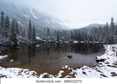 Snowing Winter Landscape With The Lake In Tatra Mountains