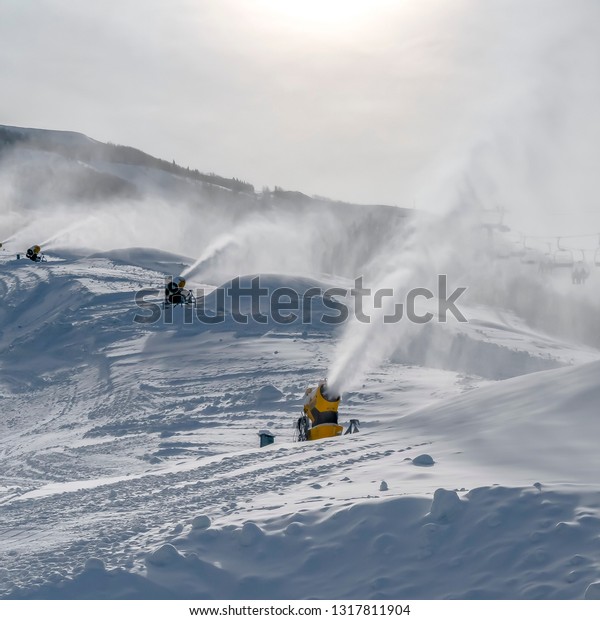 Snowmaking on the ski\
slopes in Park City\
Utah