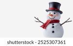 Snowman with a carrot nose, hat, scarf, coal buttons and stick arms standing outside on a winters day. on white background