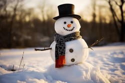 Snowman With A Carrot Nose, Hat, Scarf, Coal Buttons And Stick Arms Standing Outside On A Winters Day. Concept Of Winter, Snow And Childhood. Shallow Field Of View.