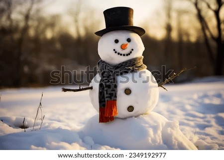 Snowman with a carrot nose, hat, scarf, coal buttons and stick arms standing outside on a winters day. Concept of winter, snow and childhood. Shallow field of view.