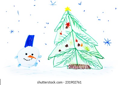 Snowman at a Christmas fir-tree. Children's drawing. - Powered by Shutterstock