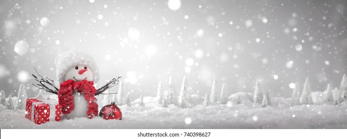 Snowman with Christmas gift on snow