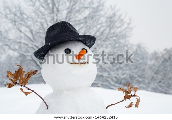 Snowman with light star in Christmas day. Snow man in\
winter hat. Funny snowmen. Making snowman and winter fun. Snowman\
gentleman in winter hat