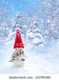 Snowman On A Background The Winter Forest