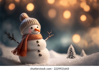 Snowman on the snowy ground wearing a hat and a knitted scarf with a gorgeous and classy bokeh background. - Powered by Shutterstock