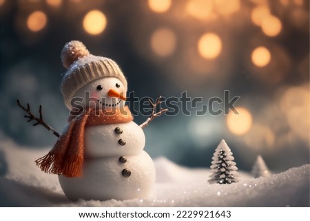 Snowman on the snowy ground wearing a hat and a knitted scarf with a gorgeous and classy bokeh background.