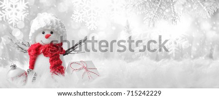 Snowman in winter setting,Christmas background.