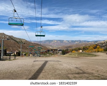 Snowmass Village, CO / USA - September 28, 2020: Fall View Of The Aspen Snowmass Ski Resort With Hill Lift