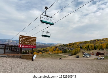 Snowmass Village, CO / USA - September 28, 2020: Fall View Of The Aspen Snowmass Ski Resort With Hill Lift