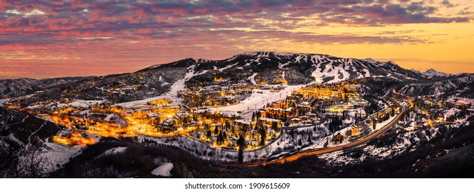 Snowmass Village skyline with sunset and ski slopes