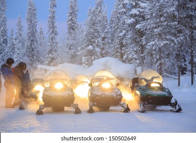 Snowmobile Engine Start On Snow And Ready To Use In Kiruna Sweden