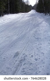 Snowmobile And Hiking Trail Covered In Snow In Winter On Bald Mountain In Rangeley, Maine.