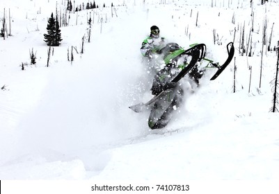 Snowmobile Jumping In Air, Labrador Canada